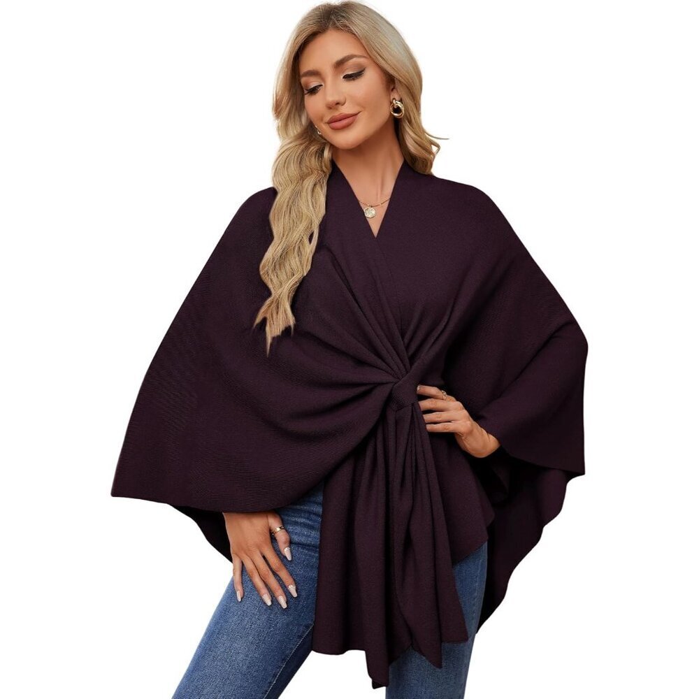Women's Burgundy Elegant Open Poncho Sweater For Spring Fall Winter Shawl Wraps